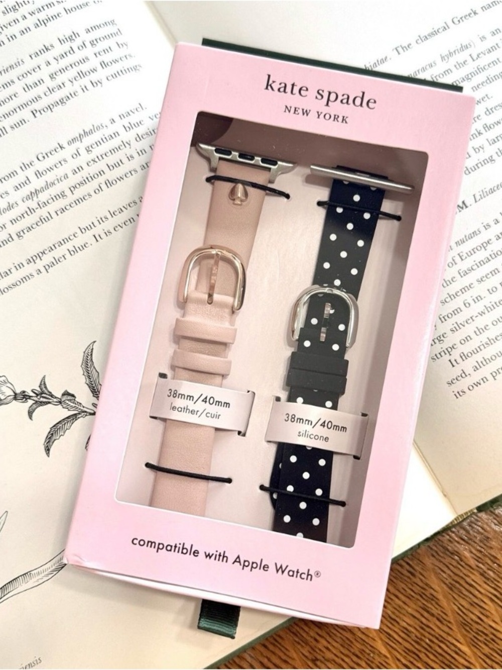 kate spade ♠️ Apple Watch Strap Set - Pink Leather & Navy Polka Dot Silicone